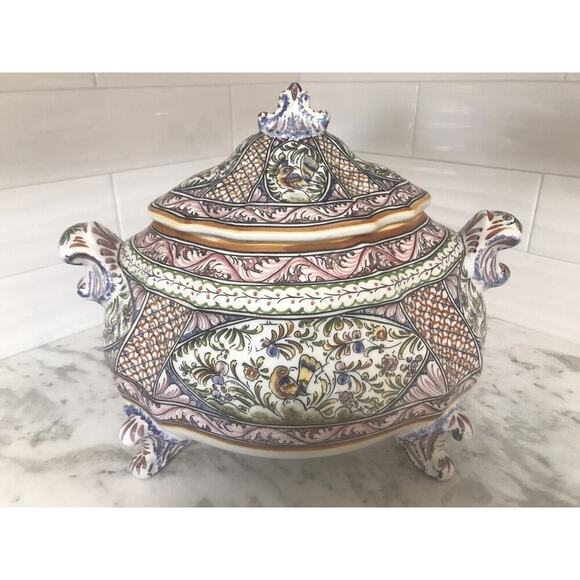 X-Large Hand Painted Floral Portugal Heavy Soup Tureen Bowl Signed - Picture 1 of 8
